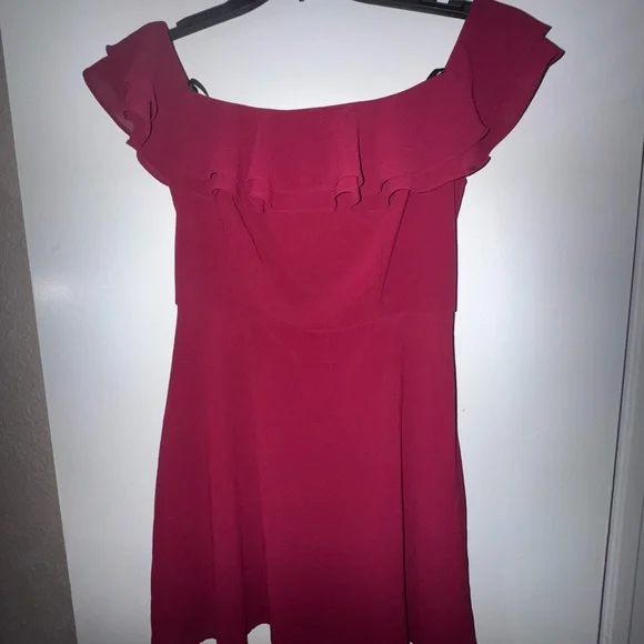 Lulus Win Your Heart Off the Shoulder Wine Red Ruffle Mini Skater Dress - Picture 1 of 3
